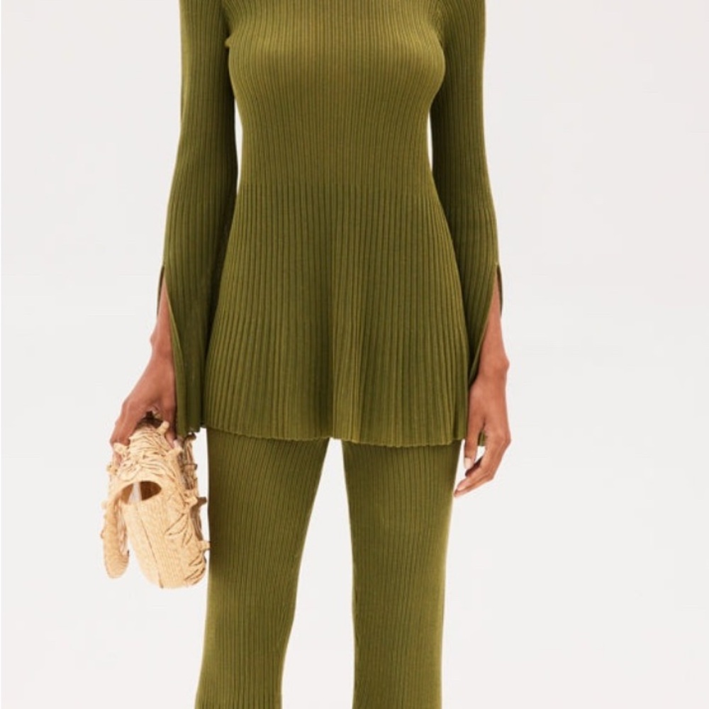 Cult Gaia Kasia Top and Dalia Bottoms Palm XS Ribbed Knit Set